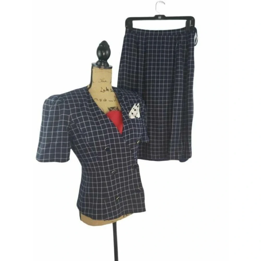 Kasper ASL Women wear Skirt Suit Blue Windowpane Lined Shoulder‎ -Padded 8/9 S54